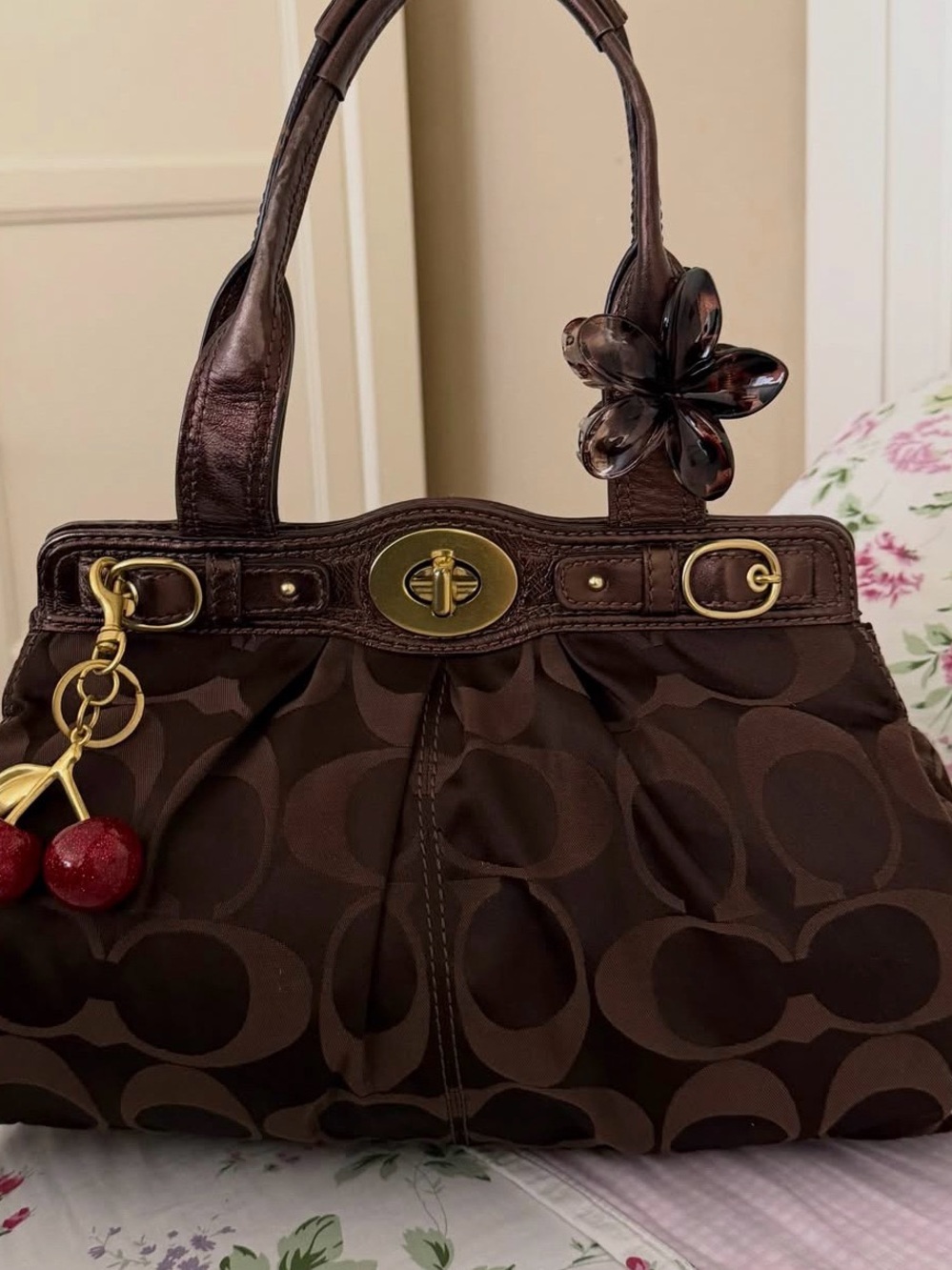 Coach Brown Signature Canvas Shoulder Bag with Cherry Charm